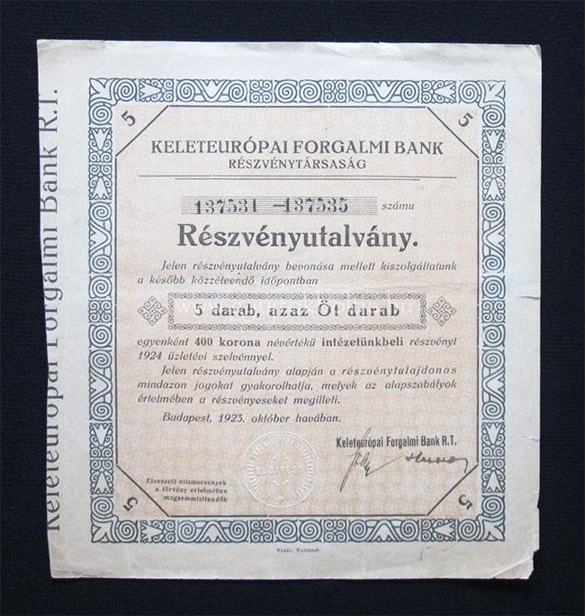 Keleteurópai Forgalmi Bank részvényutalvány 5x400 korona 1923